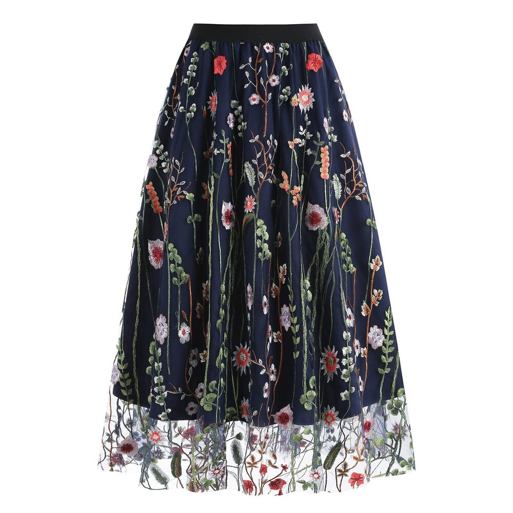 3875 Vintage Floral Embroidered Tulle Midi Skirt 50s Party Elastic High